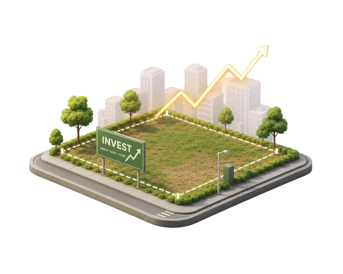 เปลี่ยนที่ดินเปล่าให้สร้างรายได้ — ที่ดินเปล่า 3D isometric พร้อมป้าย INVEST และกราฟมูลค่าขาขึ้น
